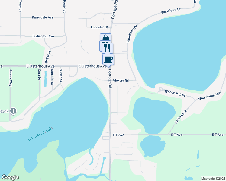 map of restaurants, bars, coffee shops, grocery stores, and more near 10637 Portage Road in Portage