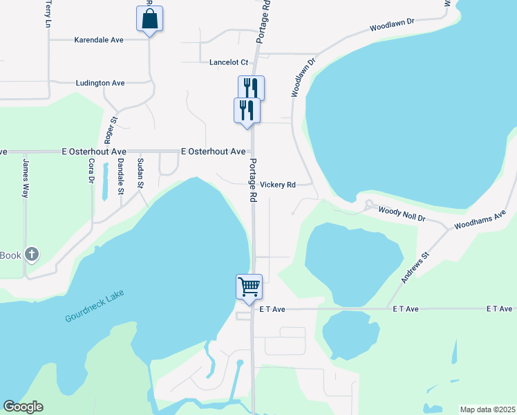 map of restaurants, bars, coffee shops, grocery stores, and more near 10637 Portage Road in Portage