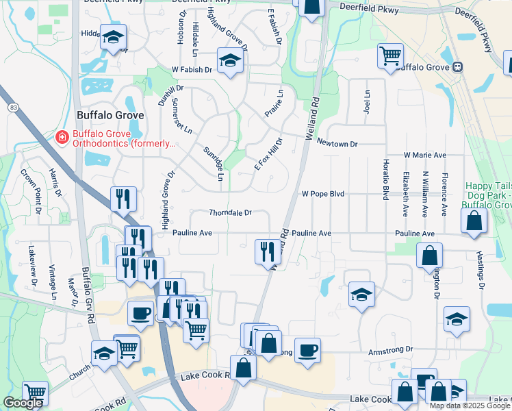 map of restaurants, bars, coffee shops, grocery stores, and more near 469 Thorndale Drive in Buffalo Grove