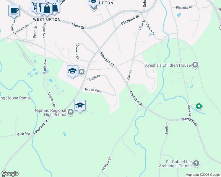 map of restaurants, bars, coffee shops, grocery stores, and more near 14 Henrys Path in Upton