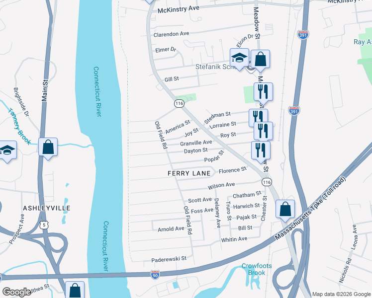 map of restaurants, bars, coffee shops, grocery stores, and more near 100 Dayton Street in Chicopee