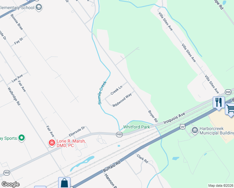 map of restaurants, bars, coffee shops, grocery stores, and more near 5395 Creek Ln in Erie