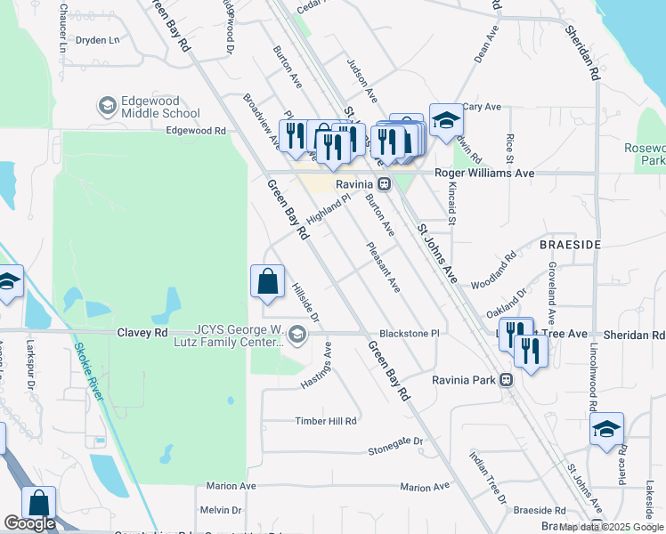 map of restaurants, bars, coffee shops, grocery stores, and more near 530 Green Bay Road in Highland Park