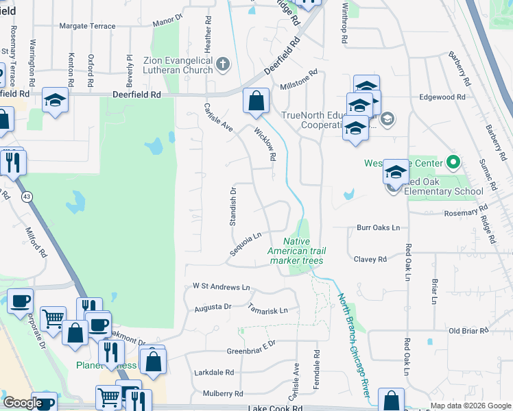 map of restaurants, bars, coffee shops, grocery stores, and more near 20 Kildare Court in Deerfield