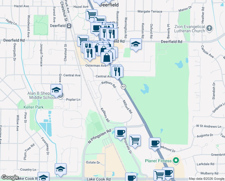 map of restaurants, bars, coffee shops, grocery stores, and more near 442 Kelburn Road in Deerfield