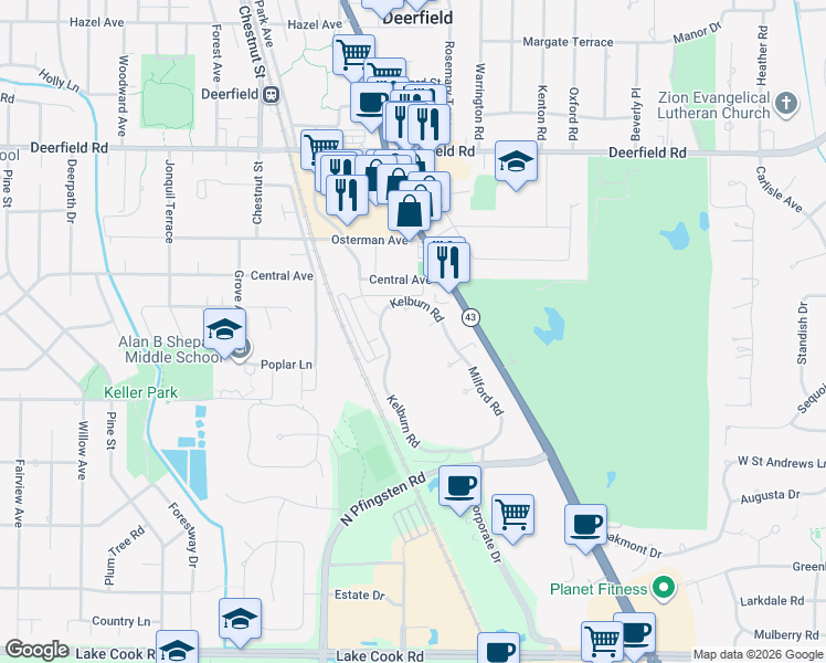 map of restaurants, bars, coffee shops, grocery stores, and more near 442 Kelburn Road in Deerfield