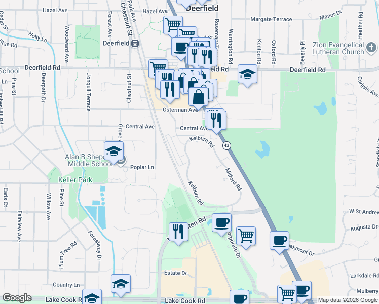 map of restaurants, bars, coffee shops, grocery stores, and more near 493 South Commons Court in Deerfield