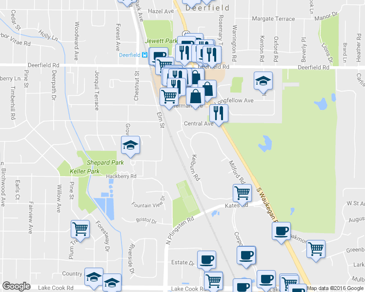 map of restaurants, bars, coffee shops, grocery stores, and more near 493 South Commons Court in Deerfield