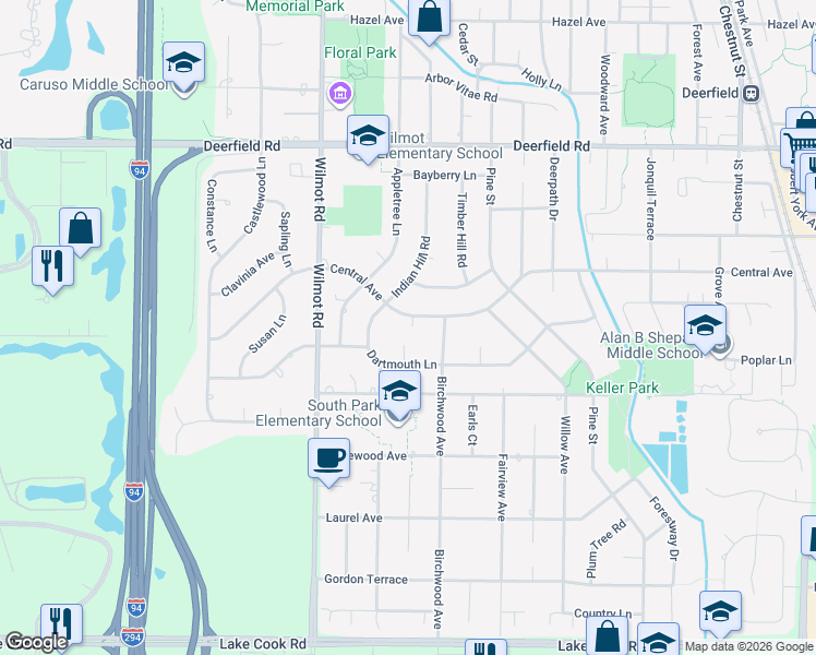 map of restaurants, bars, coffee shops, grocery stores, and more near 434 Circle Court in Deerfield