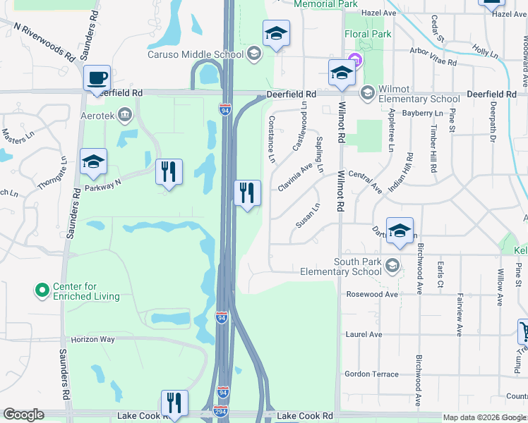 map of restaurants, bars, coffee shops, grocery stores, and more near 505 Castlewood Lane in Deerfield