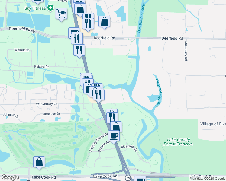 map of restaurants, bars, coffee shops, grocery stores, and more near 20611 North Milwaukee Avenue in Riverwoods
