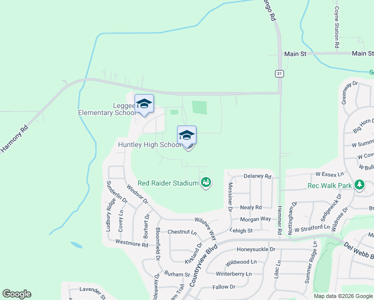map of restaurants, bars, coffee shops, grocery stores, and more near 13719 Harmony Road in Huntley