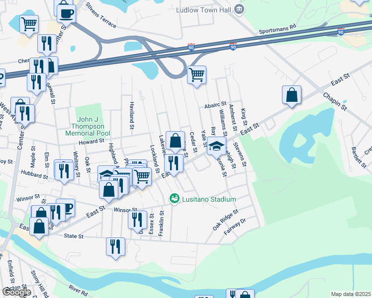 map of restaurants, bars, coffee shops, grocery stores, and more near 30 Pine Street in Ludlow