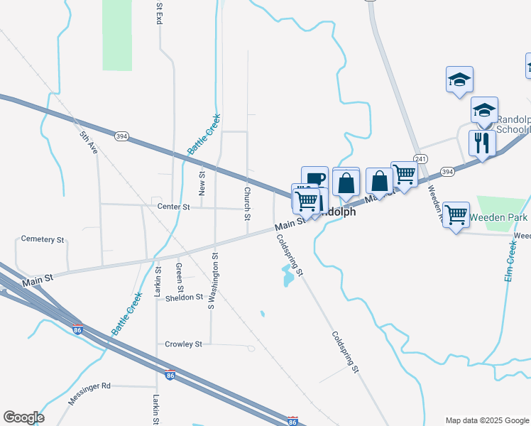 map of restaurants, bars, coffee shops, grocery stores, and more near 9 School Street in Randolph