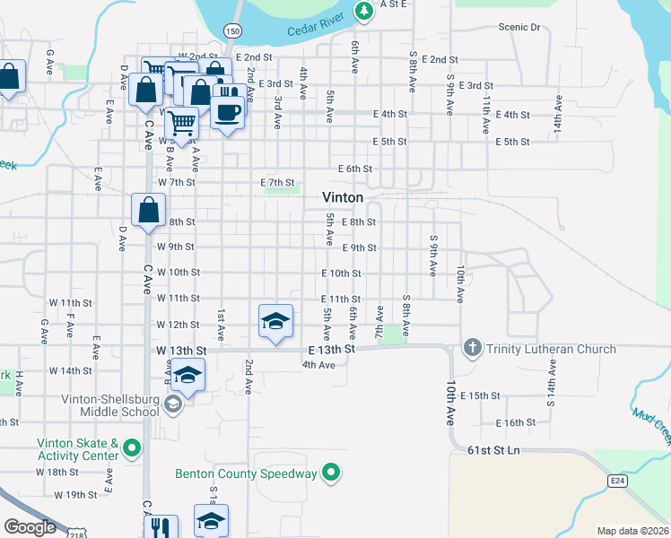 map of restaurants, bars, coffee shops, grocery stores, and more near 501 E 10th St in Vinton