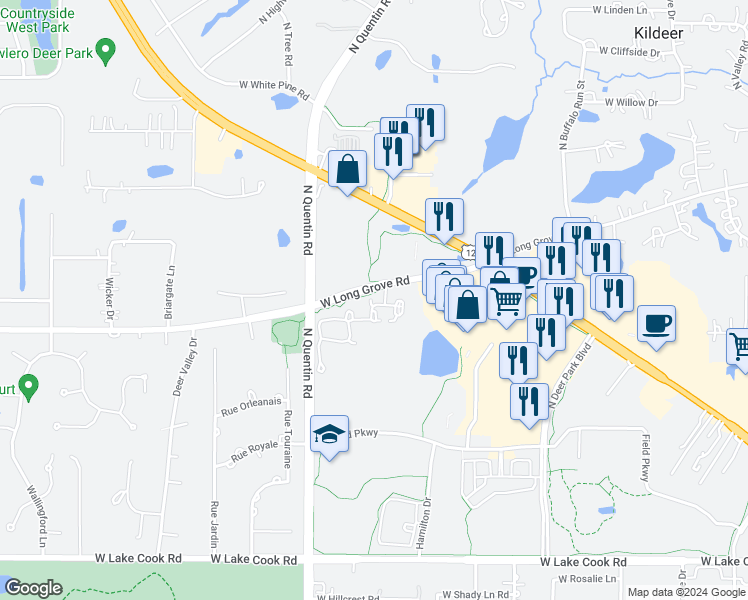 map of restaurants, bars, coffee shops, grocery stores, and more near 21858 West Talia Lane in Deer Park