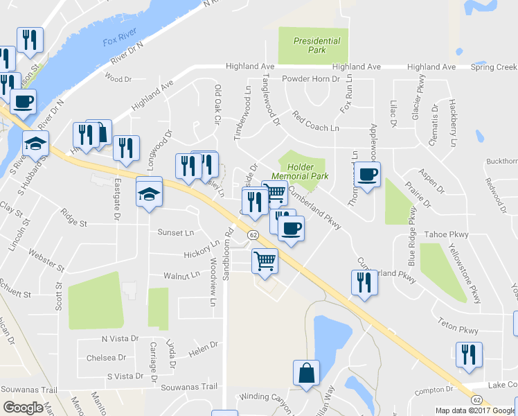 map of restaurants, bars, coffee shops, grocery stores, and more near 331 Golf Lane in Algonquin