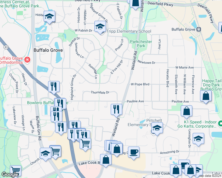 map of restaurants, bars, coffee shops, grocery stores, and more near 469 Thorndale Drive in Buffalo Grove