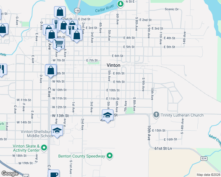map of restaurants, bars, coffee shops, grocery stores, and more near 501 East 10th Street in Vinton