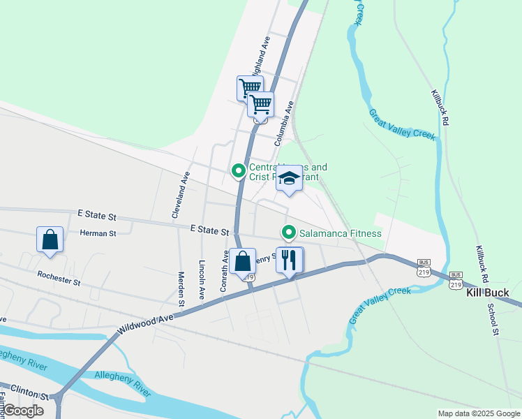 map of restaurants, bars, coffee shops, grocery stores, and more near 44 Sullivan St in Salamanca
