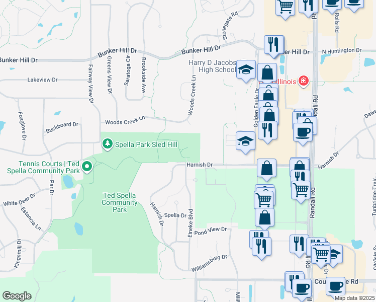 map of restaurants, bars, coffee shops, grocery stores, and more near 2600 Harnish Drive in Algonquin