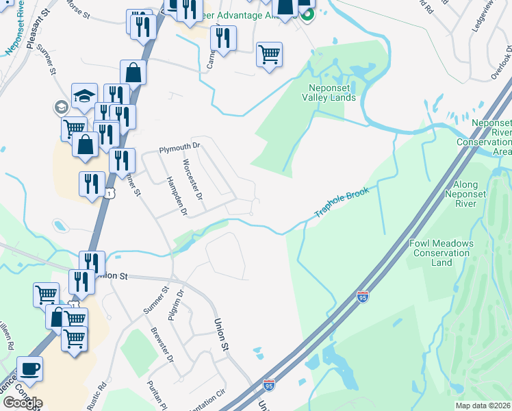 map of restaurants, bars, coffee shops, grocery stores, and more near 105 Hampden Drive in Norwood