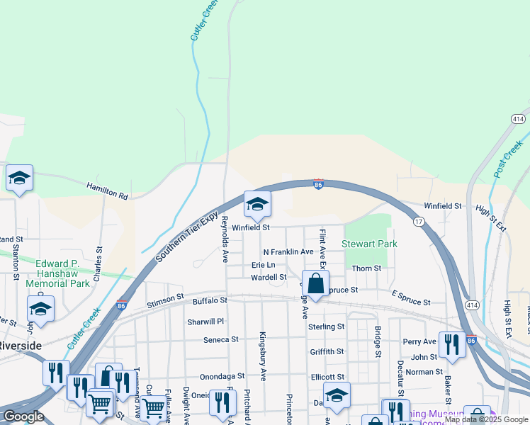 map of restaurants, bars, coffee shops, grocery stores, and more near 193 Winfield Street in Corning