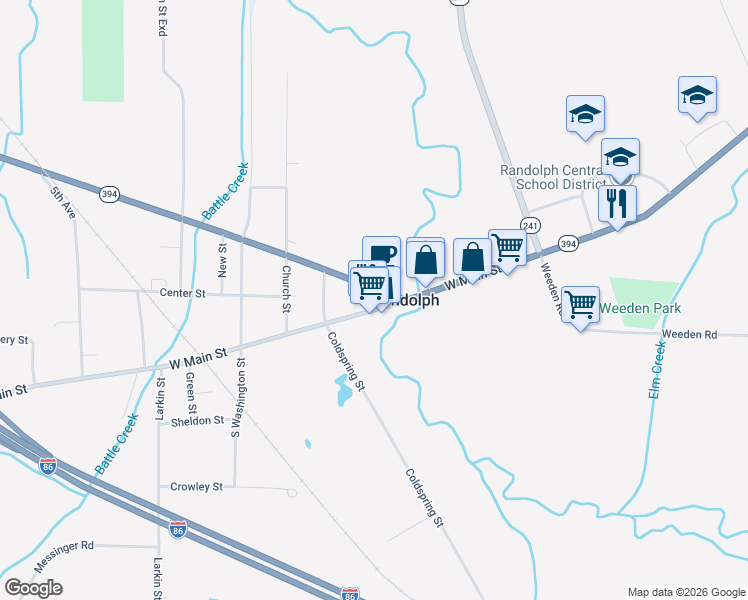 map of restaurants, bars, coffee shops, grocery stores, and more near 128 West Main Street in Randolph