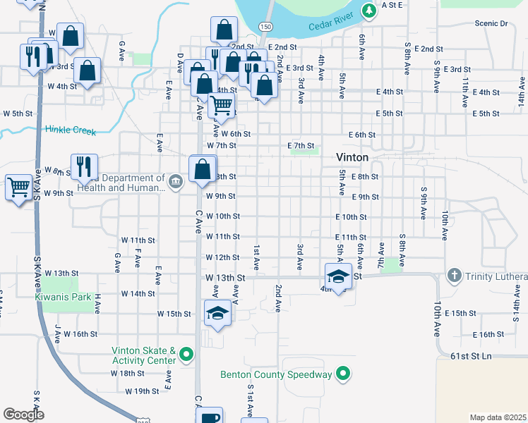 map of restaurants, bars, coffee shops, grocery stores, and more near 912 1st Avenue in Vinton