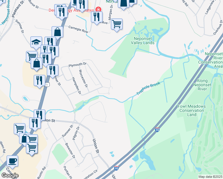 map of restaurants, bars, coffee shops, grocery stores, and more near 105 Hampden Drive in Norwood