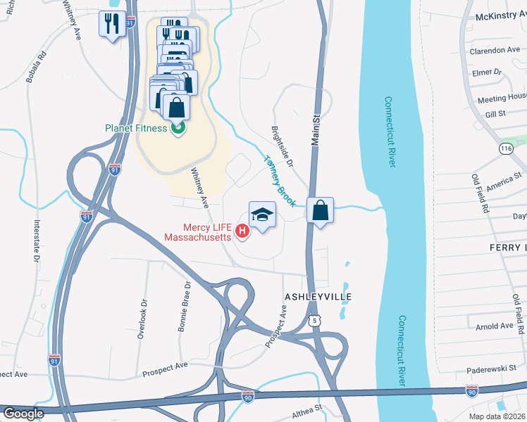map of restaurants, bars, coffee shops, grocery stores, and more near 2112 Riverdale Street in West Springfield
