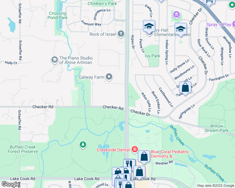 map of restaurants, bars, coffee shops, grocery stores, and more near 1666 Checker Road in Long Grove