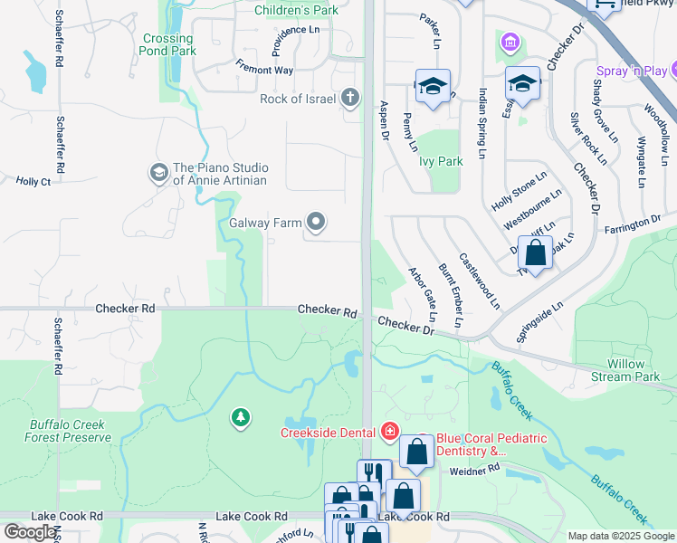 map of restaurants, bars, coffee shops, grocery stores, and more near 1666 Checker Road in Long Grove