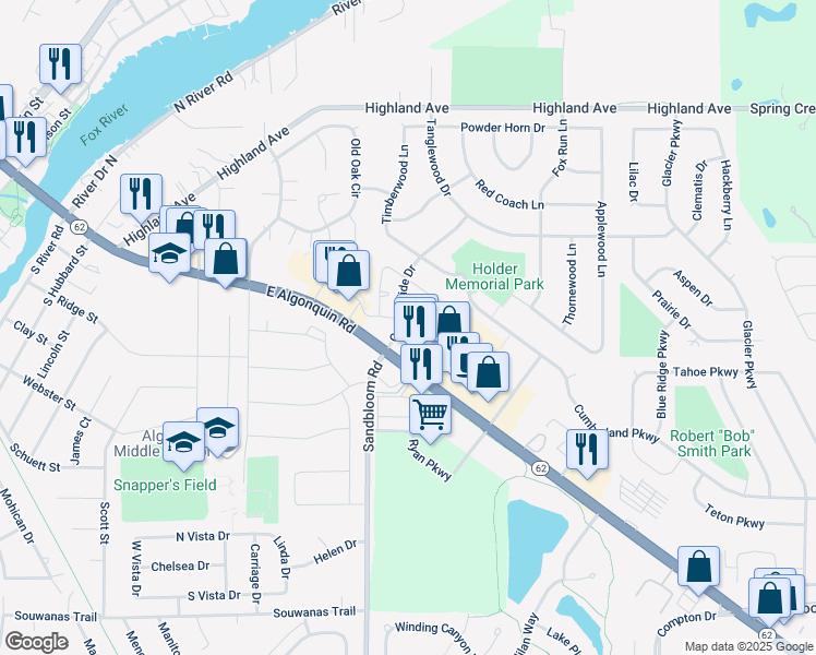 map of restaurants, bars, coffee shops, grocery stores, and more near 310 Golf Lane in Algonquin