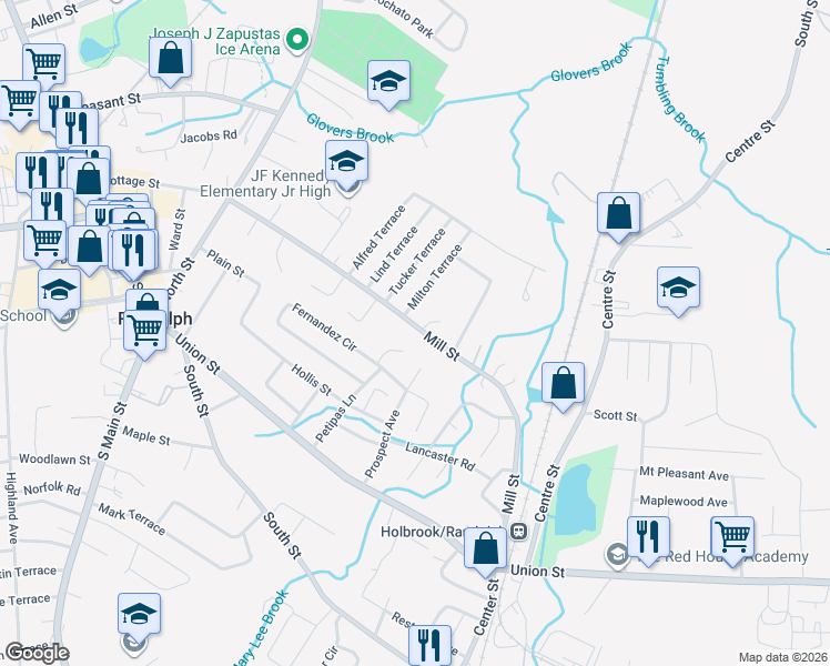 map of restaurants, bars, coffee shops, grocery stores, and more near 181 Mill Street in Randolph