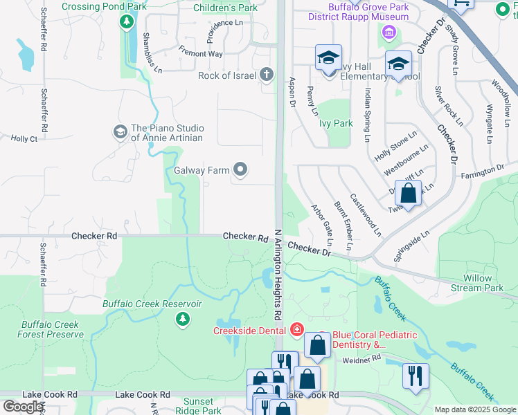 map of restaurants, bars, coffee shops, grocery stores, and more near 1666 Checker Road in Long Grove