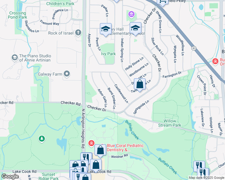 map of restaurants, bars, coffee shops, grocery stores, and more near 460 Burnt Ember Lane in Buffalo Grove