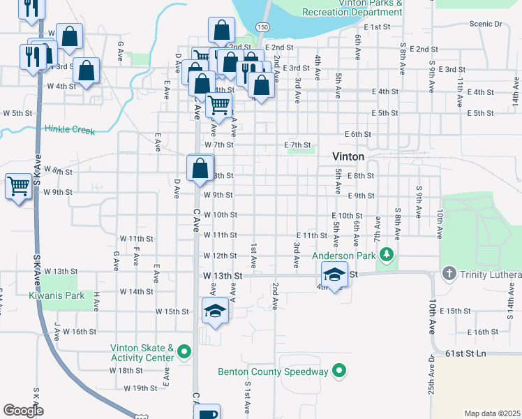 map of restaurants, bars, coffee shops, grocery stores, and more near 912 1st Avenue in Vinton