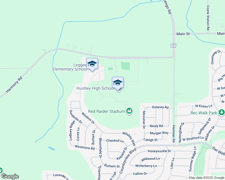 map of restaurants, bars, coffee shops, grocery stores, and more near 13719 Harmony Road in Huntley