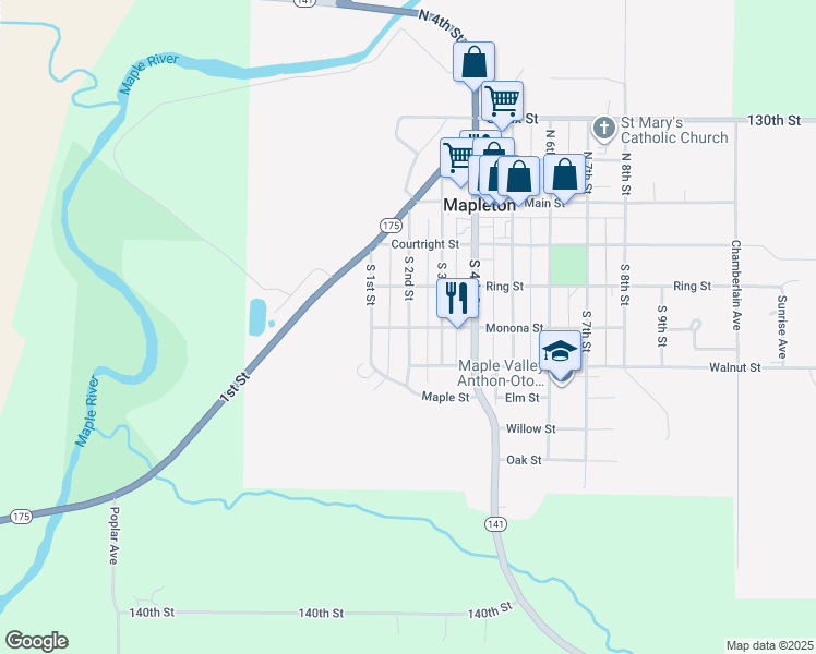 map of restaurants, bars, coffee shops, grocery stores, and more near 201 Monona St in Mapleton