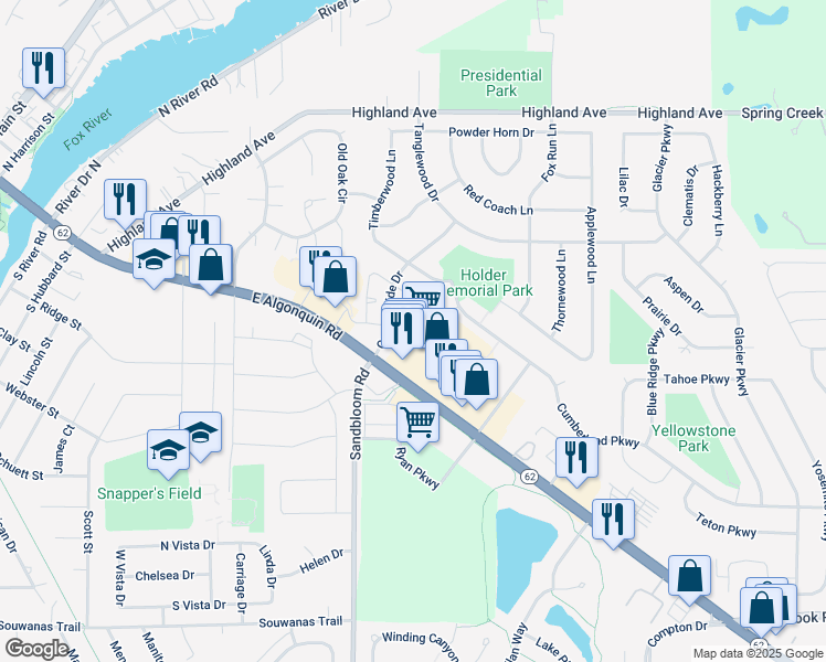 map of restaurants, bars, coffee shops, grocery stores, and more near 331 Golf Lane in Algonquin