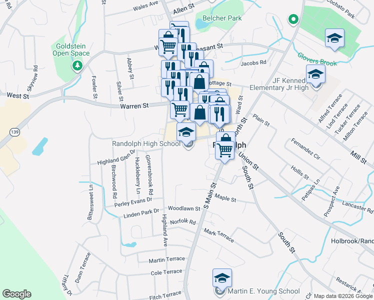 map of restaurants, bars, coffee shops, grocery stores, and more near 40 Highland Avenue in Randolph
