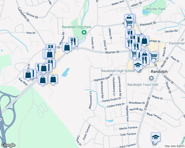 map of restaurants, bars, coffee shops, grocery stores, and more near 152 Bittersweet Lane in Randolph