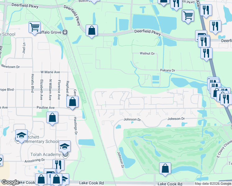 map of restaurants, bars, coffee shops, grocery stores, and more near 888 Swallow Street in Deerfield