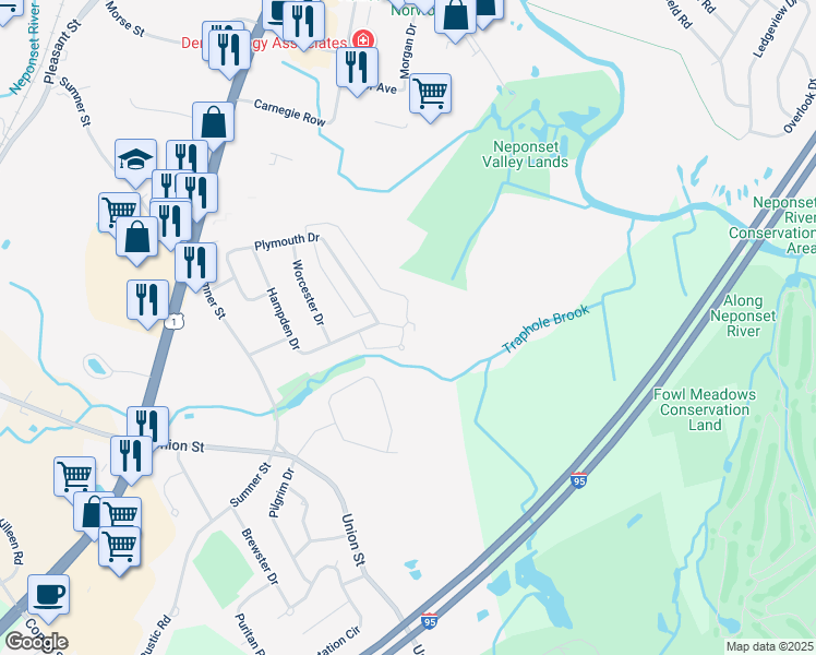 map of restaurants, bars, coffee shops, grocery stores, and more near 113 Hampden Drive in Norwood