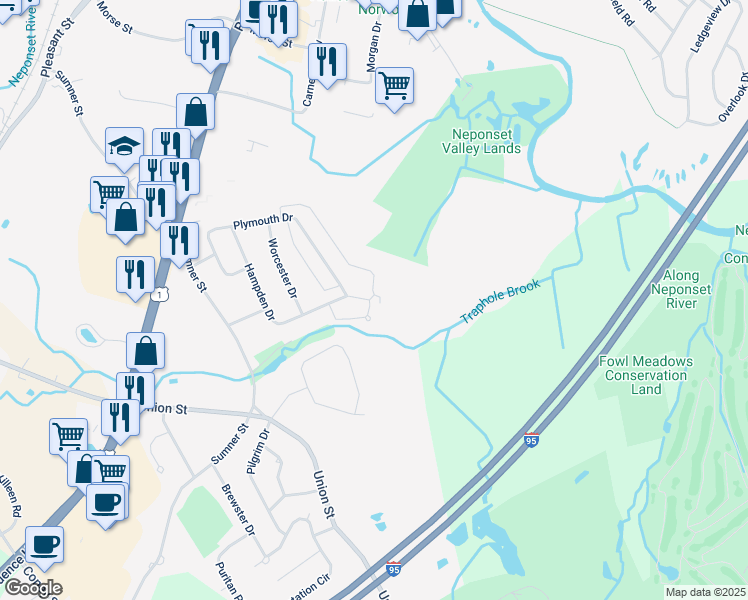 map of restaurants, bars, coffee shops, grocery stores, and more near 107 Hampden Drive in Norwood