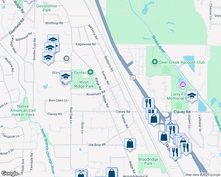 map of restaurants, bars, coffee shops, grocery stores, and more near Sumac Road in Highland Park