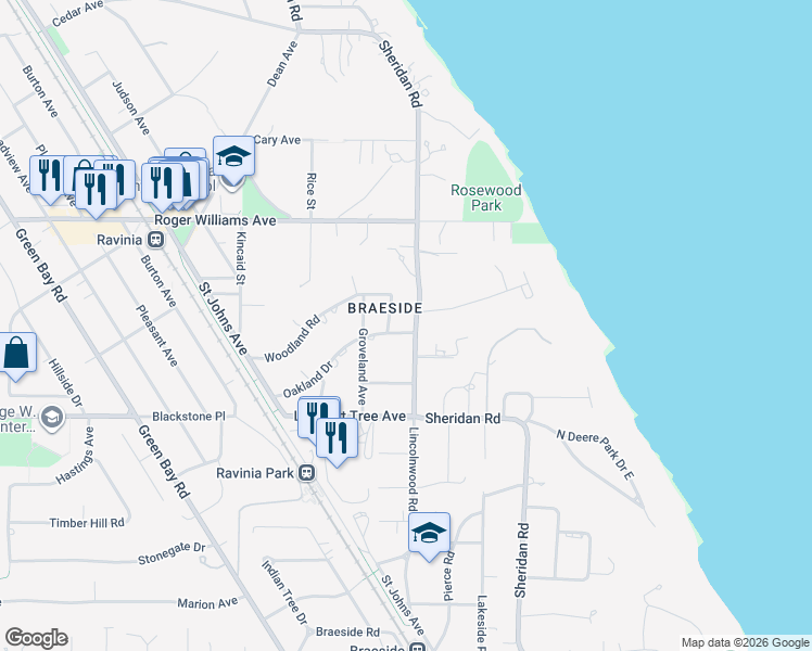 map of restaurants, bars, coffee shops, grocery stores, and more near 547 Sheridan Road in Highland Park