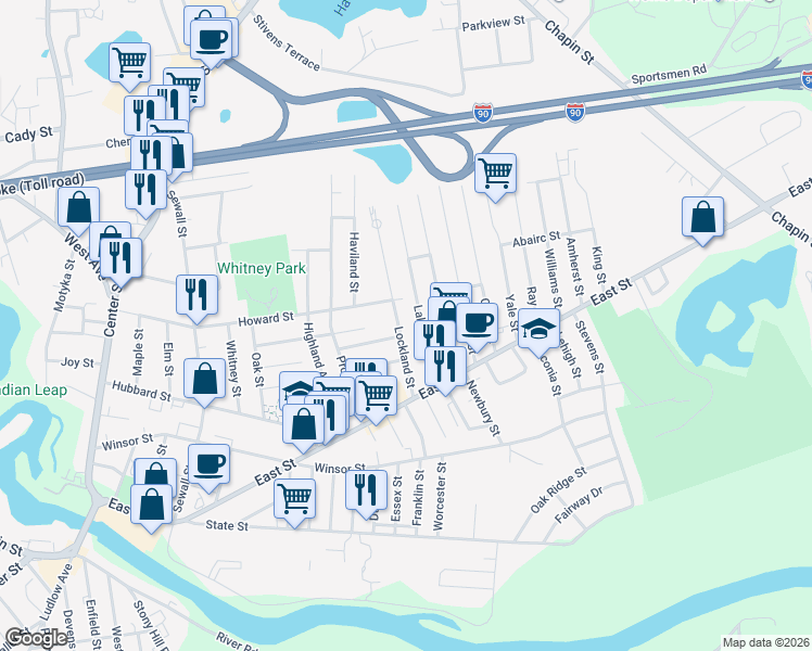 map of restaurants, bars, coffee shops, grocery stores, and more near 59 Lockland Street in Ludlow