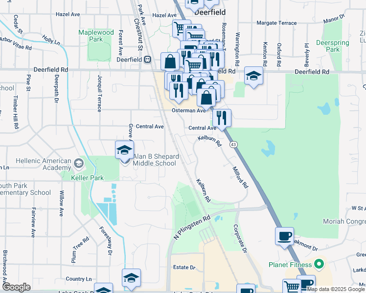 map of restaurants, bars, coffee shops, grocery stores, and more near 521 South Commons Court in Deerfield